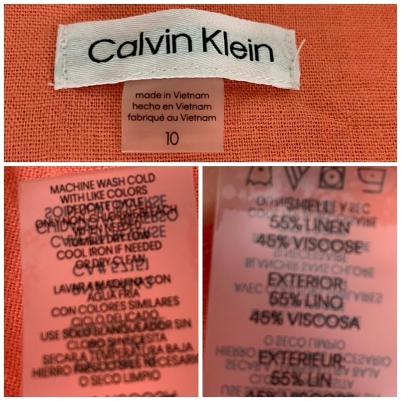 Calvin Klein Linen Blend Shirt Dress Women’s 10 Coral Roll Tab Sleeves Buttons - Picture 4 of 16